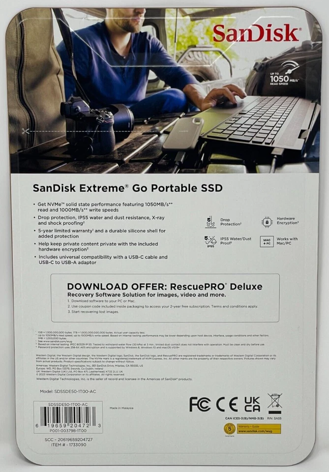 SanDisk 1TB Extreme Go SSD Portable Solid State Drive USB-C 1050MB/s Read Speed. - Image 2 of 4