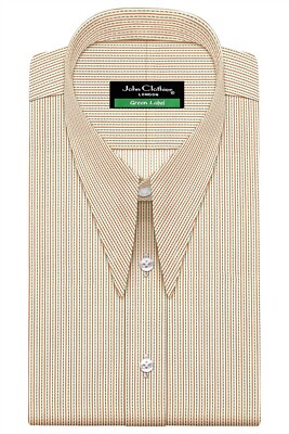 Men's Spear Pointed Dagger Collar Beige Green Stitch Stripes Preppy Dress Shirt