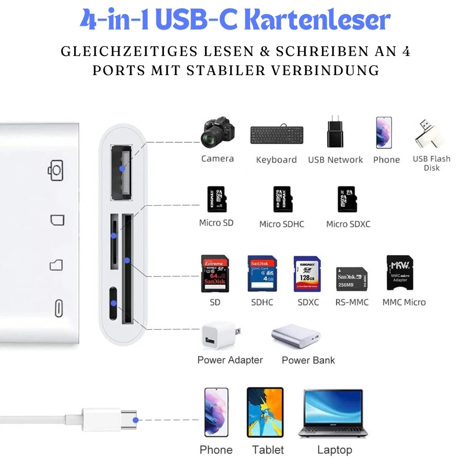 Kartenleser 4-in-1 USB C Adapter OTG SD microSD TF USB 3.0 für Samsung iPhone PC - Bild 2 von 4
