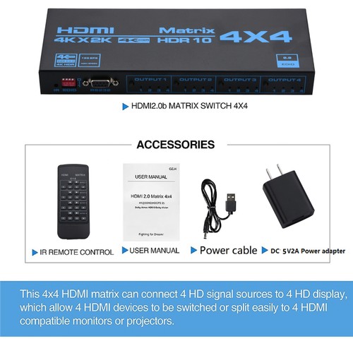 HDMI Matrix Switch 4x4, 4 In 4 Out 4K with EDID Extractor IR Remote Control D - Picture 10 of 13