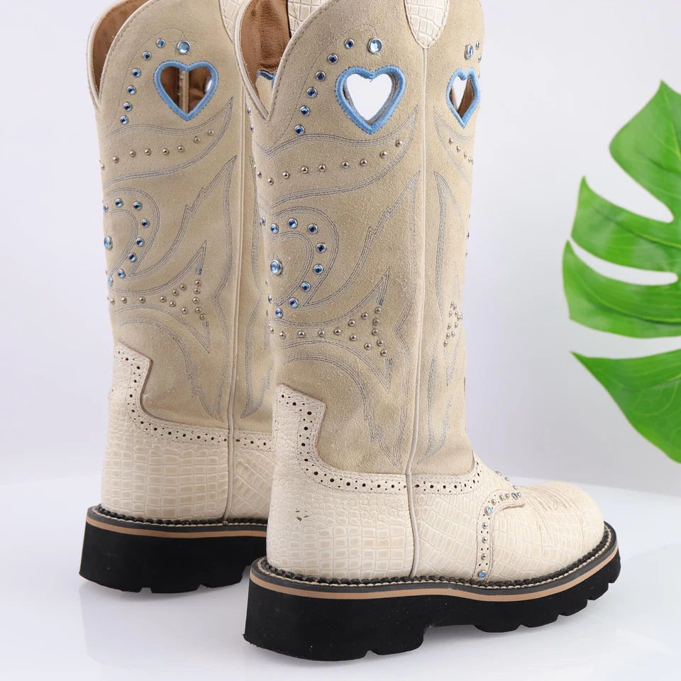 Botas occidentales Ariat Baby Buck para mujer talla 6,5 altas hueso blanco cocodrilo tachonado Y2K Foto 4 de 4