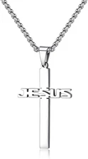 Stainless Steel Jesus Cross Pendant Necklace with Rolo Chain for Men and Women