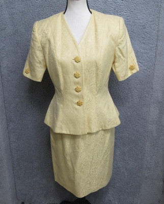 Vintage Amanda Smith Petites Skirt Suit Set Womens 6P Yellow Jacquard Peplum 80s