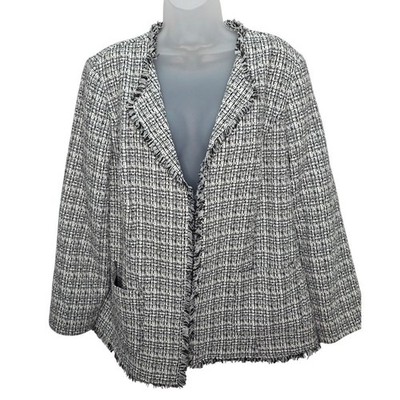 Chico's Black & White Tweed Jacket with Fringe Edging Large Work Wear Career