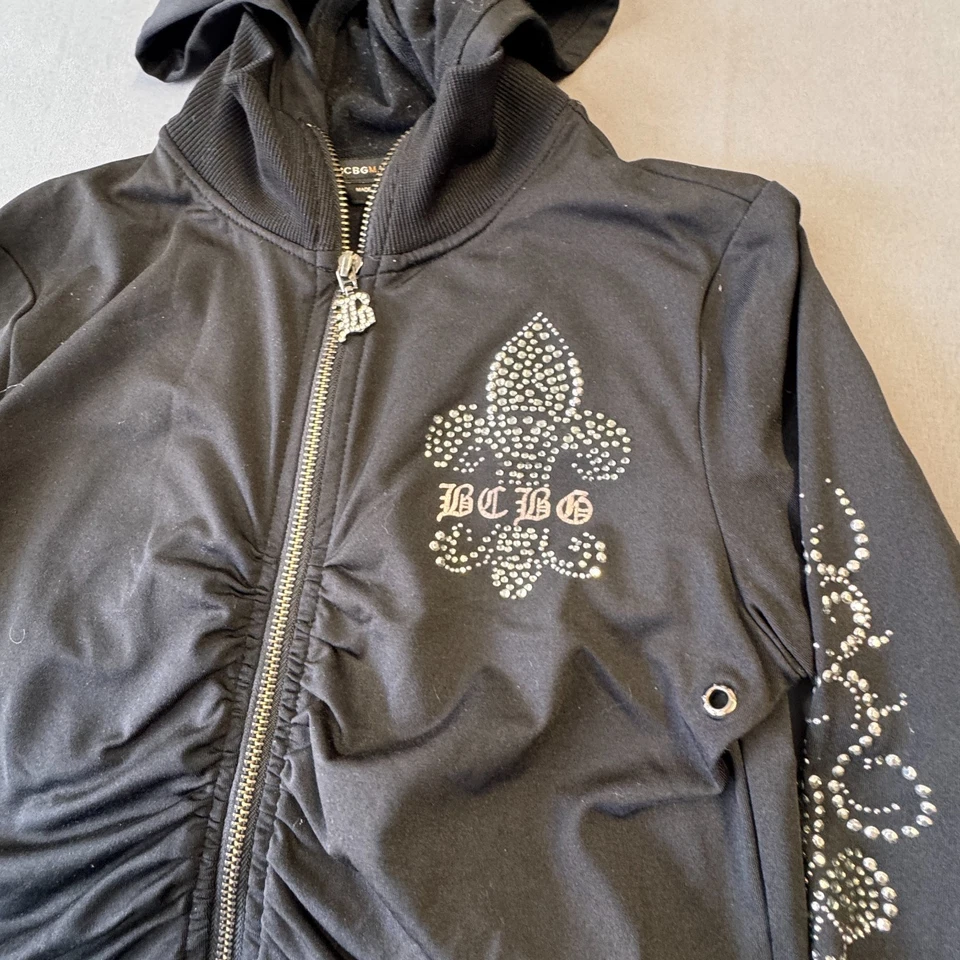 Chaqueta con Capucha Bcbg Maxazria Vintage Y2K Grunge Estrás Negra Dorada Talla S Foto 4 de 4