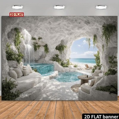 Realistic White Cave Seascape Waterfall Backdrop Suitable for Weddings, Birthd