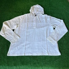 Saks Fifth Avenue Linen Blend Henley Hoodie long roll-tab White Shirt Size XL