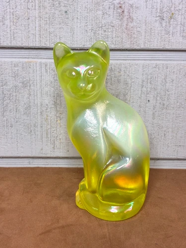Vintage FENTON Iridescent Stylized Green Satin Sitting Cat Figure ~ 5 1/4" Tall