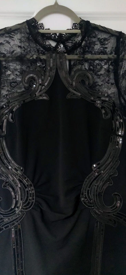 Lipsy Black Bodycon Dress 14 Party Long Sleeve Sequin Lace Occasion Wedding Xmas - Image 3 of 4