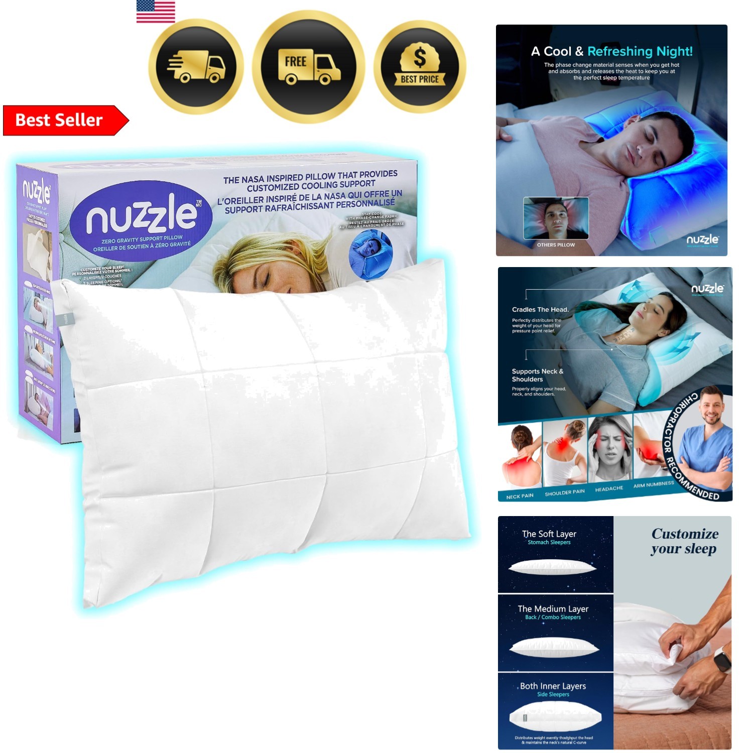 Adjustable Cooling Pillow for Side Back Stomach Sleepers Standard Size Bed