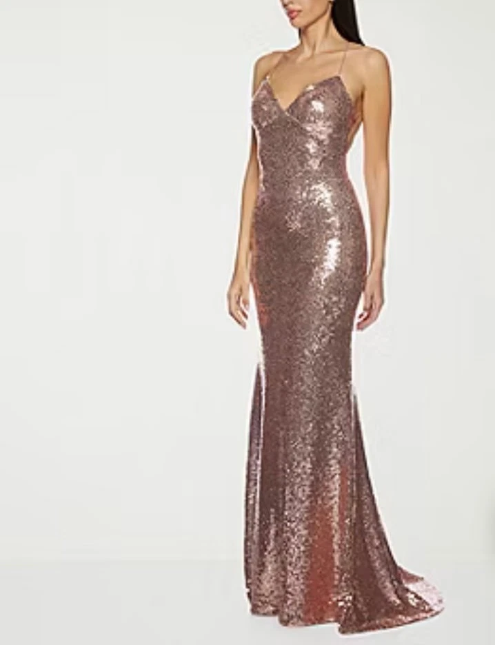 ebay rose gold dress High Life Rose Gold Sequin Square Neck Split Front Maxi Dress – Club L  London main image 0