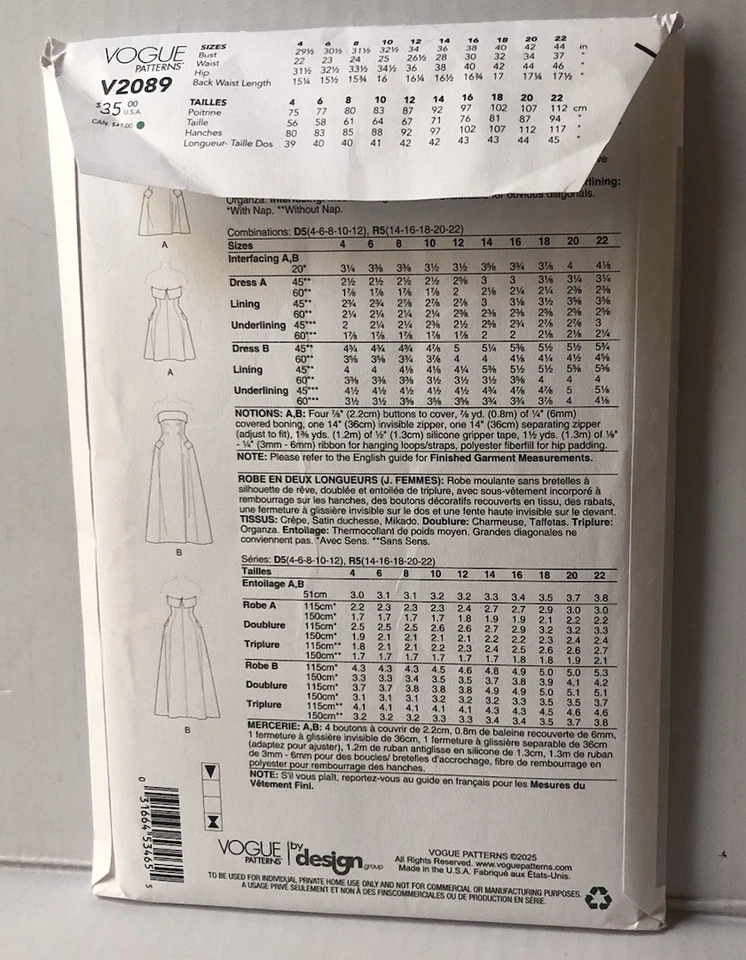 Vogue Sewing Patterns 2089 Misses Dress in Two Lengths. Sizes 14-22 New. - Image 2 of 2