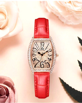 Yashidun quartz watch with a red leather strap and a tonneau-shaped, diamond-enc