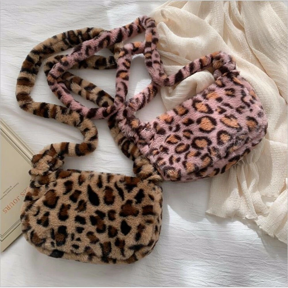 Women Fluffy Leopard Print Crossbody Small Bag Purse Winter Soft Shoulder Bag S3