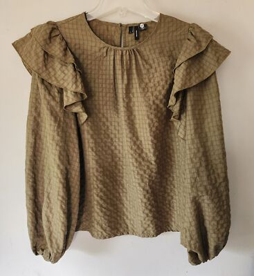 Vera Moda Mindy Silky Olive Green Ruffled Long Sleeve Checkered Blouse Sz. M