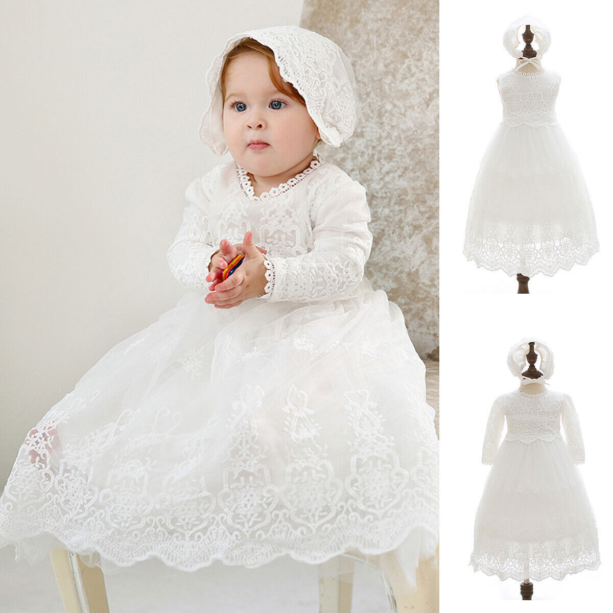 Baby Girls Christening Dress Embroidery Lace Baptism Gown Flower Girl NEW eBay