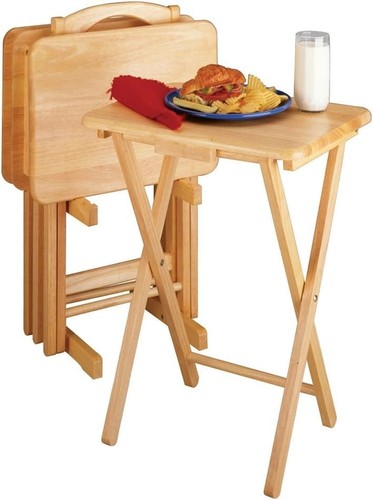 Elegant 5-Piece Beechwood Snack Table Set with Natural Finish & Storage Rack - Picture 6 of 6