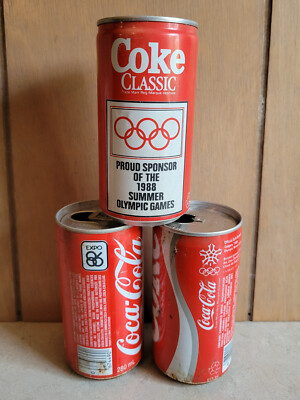 COKE lot of 3 Different Soda Pop Cans Olympics Expo 86 Coca-Cola
