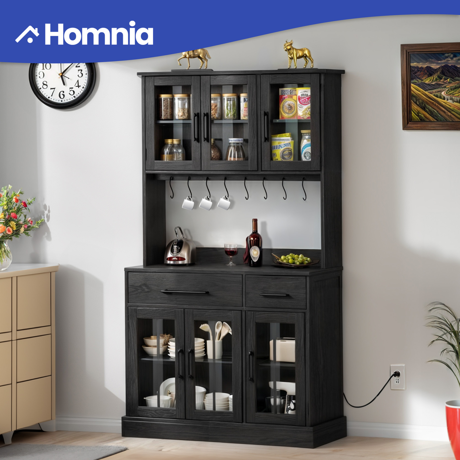 71 inch Kitchen Hutch Storage Cabinet Pantry Cupboard with Glass Doors & Drawers