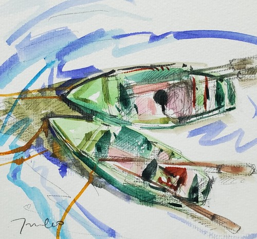 JOSE TRUJILLO Watercolor Painting Collectible ORIGINAL Row Boats Water coa