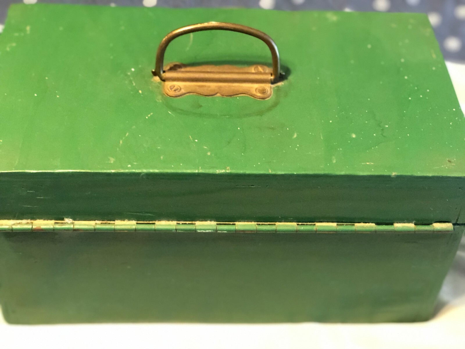 Wooden Storage Box with Hinged Lid, Handle and Clasp Painted Green