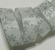 By the Yard White Satin Silver Glitter Snowflake Wired Ribbon Christmas Wedding