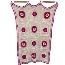 Crochet Square lap blanket Afghan floral squares magenta pink soft hand crochet