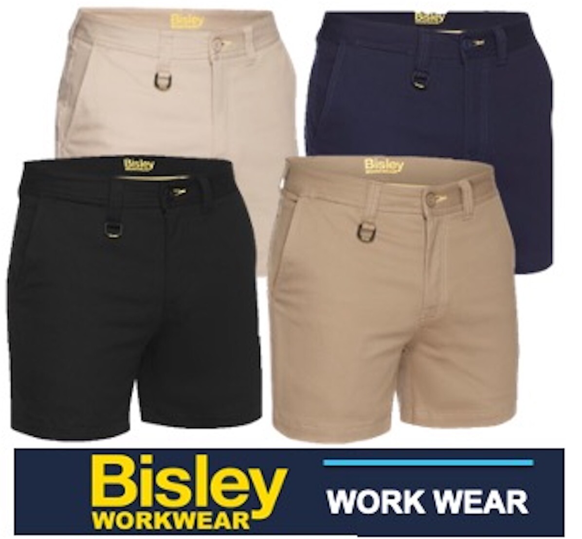 BISLEY 4 PACK MENS & WOMENS *SHORT LEG* STRETCH COTTON DRILL SHORTS