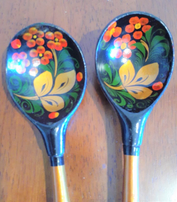 Russian Khokhloma Folk Art Large Wooden Serving Spoons 2 pcs. Vintage, USSR 1976