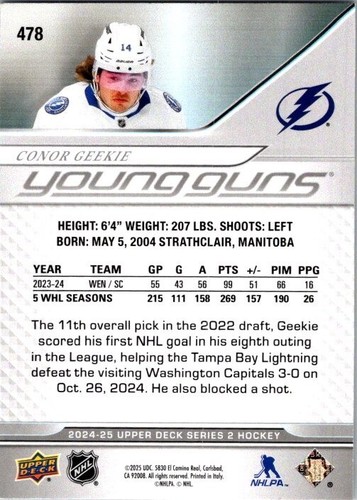 2024-25 cubierta superior ud exclusivas #478 Conor Geekie Young Guns RC 095/100 - Imagen 2 de 2