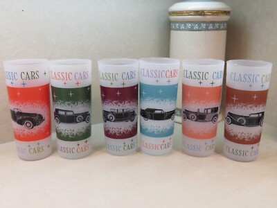 6 CLASSIC CARS Frosted Glasses: Lincoln, Pierce, Cadillac, Duesenberg, Marmon +