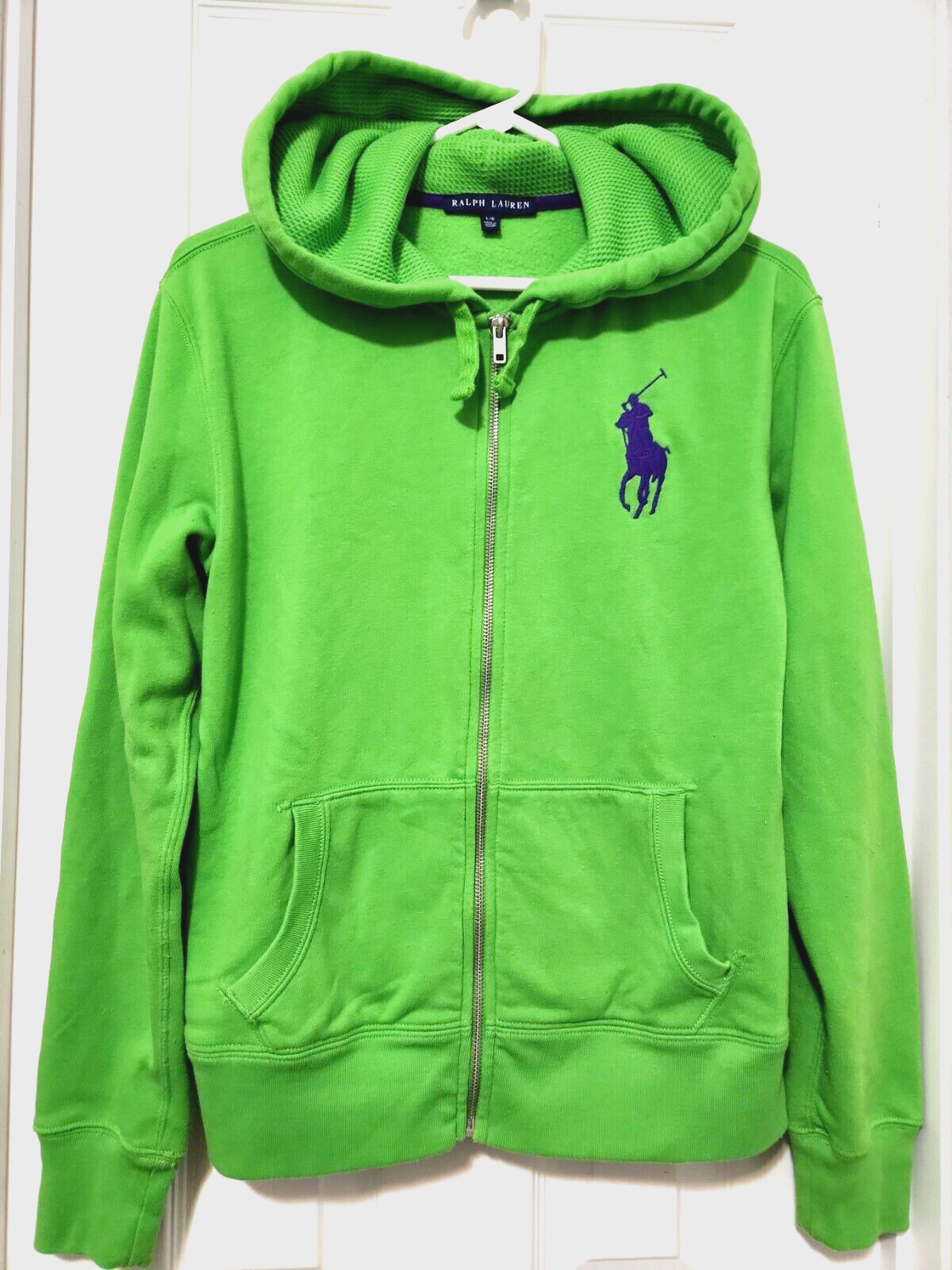 Felpa con cappuccio Ralph Lauren verde cerniera viola grande pony donna L