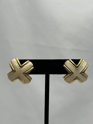 Earrings with X Style Design. Ivory and Gold Color