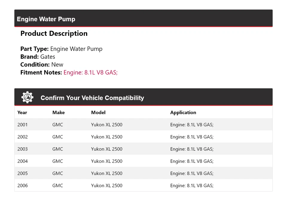 Para GMC Yukon XL 2500 2001-2006 8,1 L V8 Motor Gas Bomba Agua Puertas 2002 2003 Foto 2 de 4