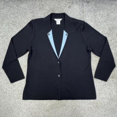 Misook Navy Knit Cardigan Womens Large Light Blue Contrasting Collar 2 Button