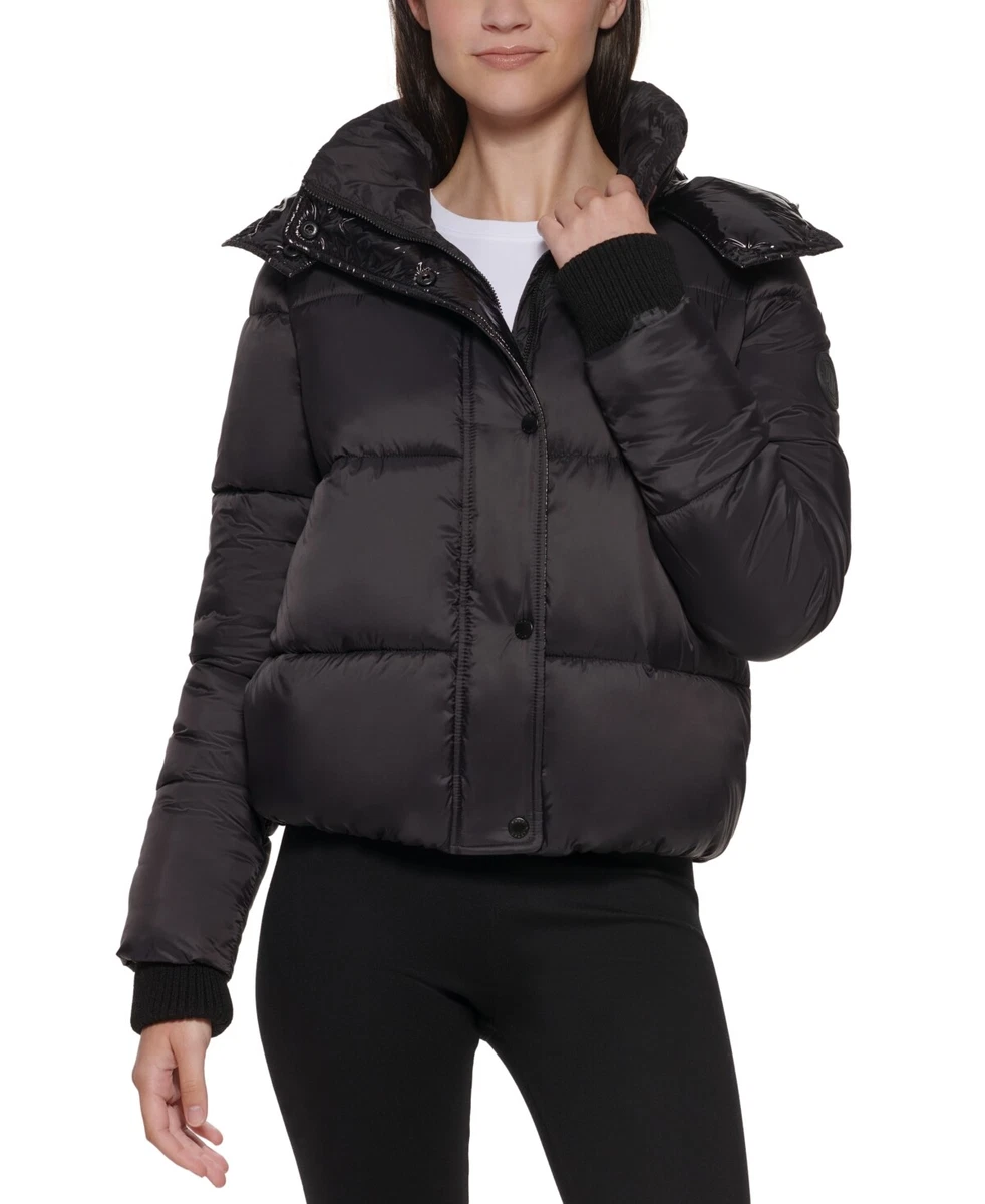 DKNY Sport Women's Small Black Logo Puffer Hooded Weatherproof Jacket