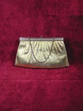 Vintage gold lame HL U.S.A. 10 in clutch w rhinestone hidden 10 in chain