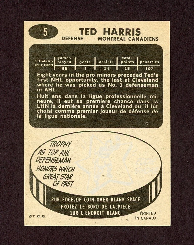 1965-66 TOPPS #5 TED HARRIS  RC  27813 - Image 2 of 2