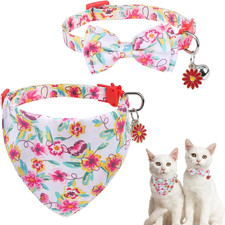 Floral Cat Bandana Collars - 2 Pack Breakaway Kitten Collars with Bell Bowtie, A