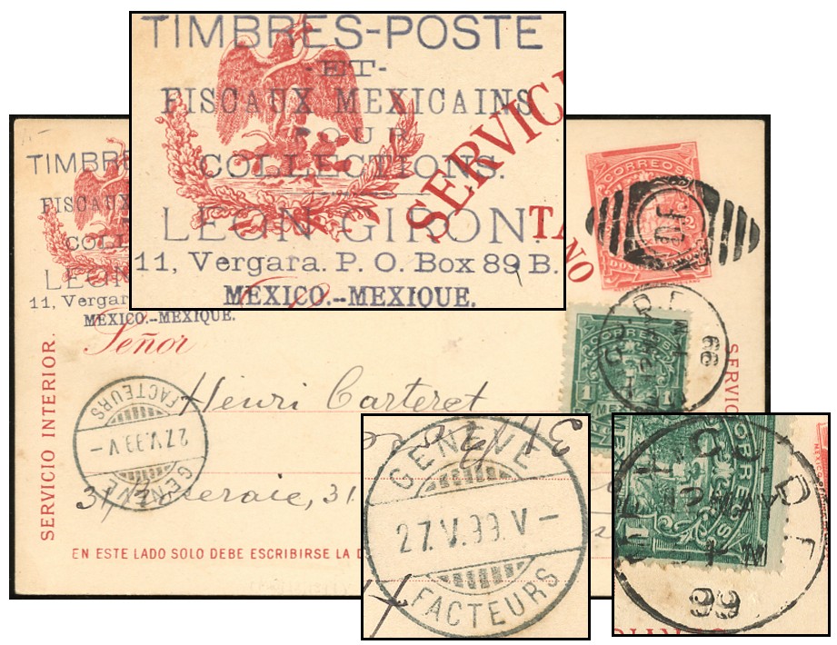 MEXICO 2¢ MULITA PSC + 1¢ GIRON MAY 1899 TO GENEVA PC93