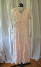Vintage 1970s dress pastel pink lace padded shoulder lined 29"W 35"B tea length