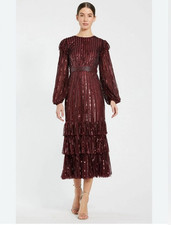 Mac Duggal Dress Burgundy Size 14 Midi Formal Sequins Midi Long Sleeve