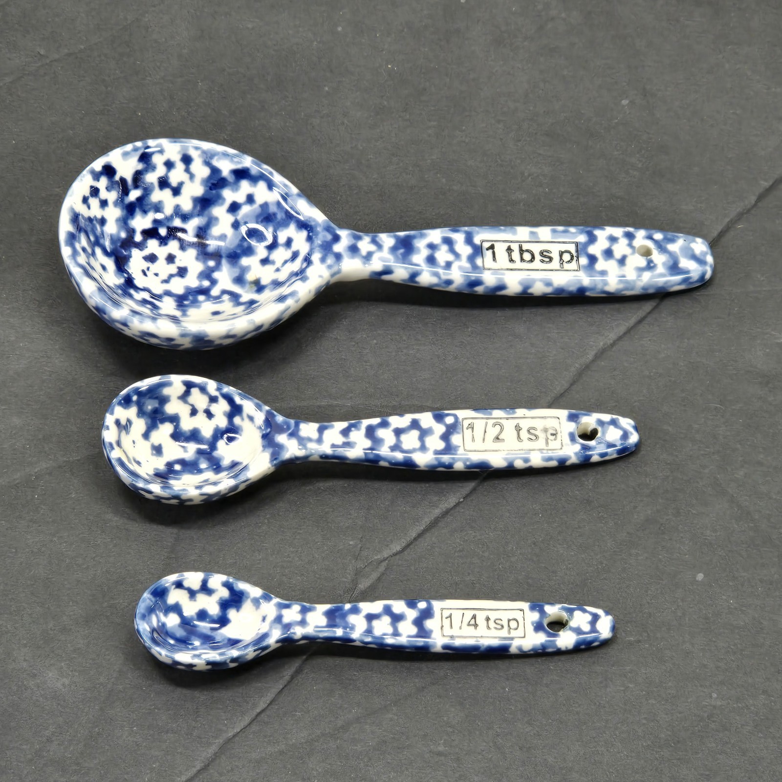 Lot 3! Ceramic Measuring Spoon Blue And White 1 tbsp, 1/2 tsp & 1/4 tsp Floral