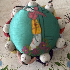 Vintage Rare Chinese Silk Fabric Pin Cushion 9 Dolls with Handpainted Artwork  