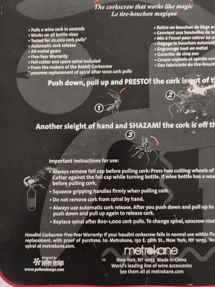 Houdini Sacacorchos Palanca Abridor de Botellas de Vino con Cortador de Lámina y Caja Abierta Espiral de Repuesto Foto 3 de 4