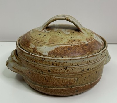 Art Studio Pottery Casserole with Lid, Two Quart, Earth Tones Signed by Artist
