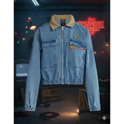 Stranger Things Denim Patch Jean Jacket Womens Small Hawkins High Zip-Up Retro