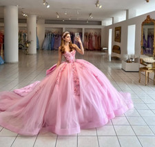 Pink Quinceanera Dresses 3D Florals With Big Bow Sweet 15 16 Prom Ball Gown