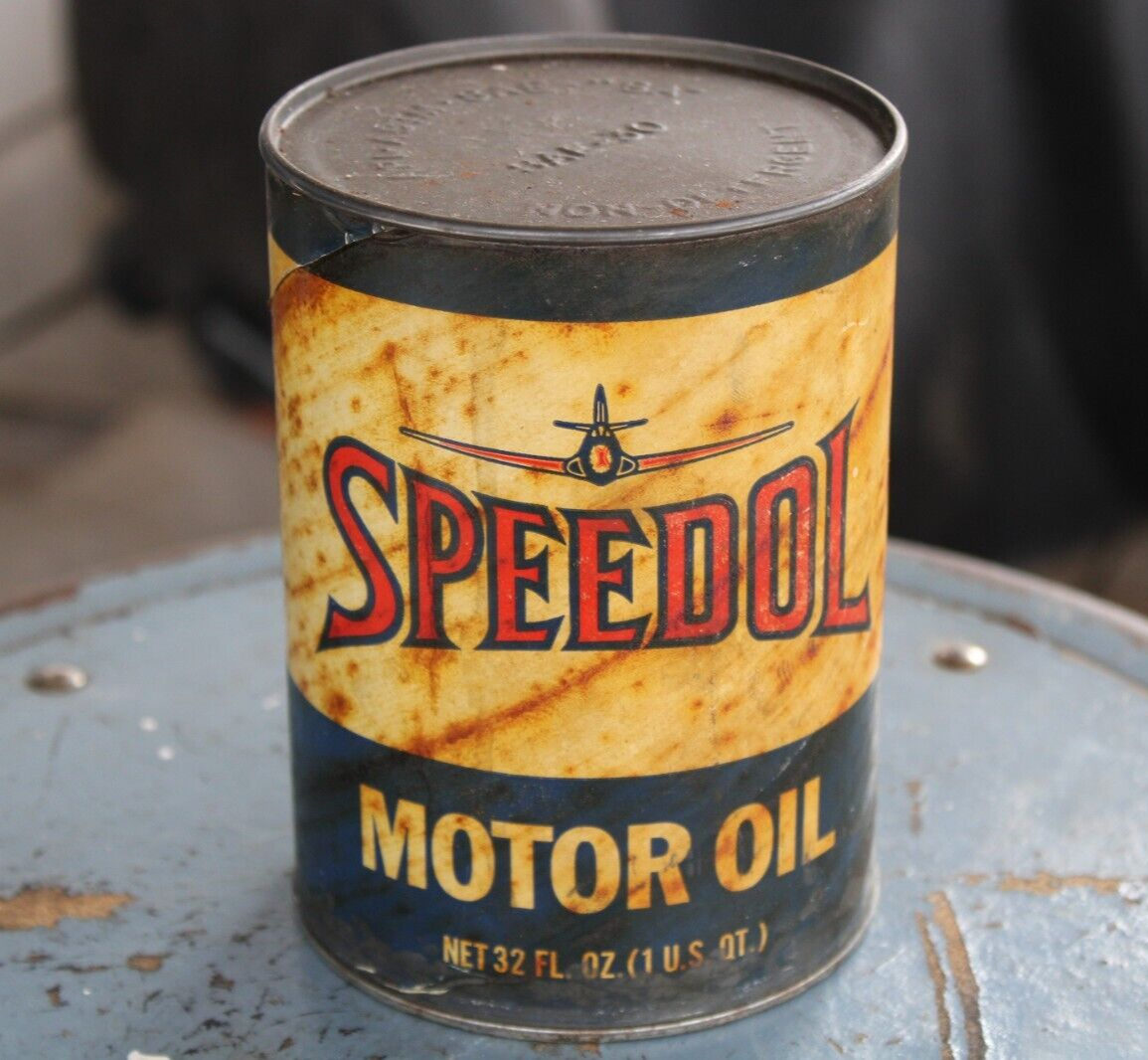 AIRPLANE GRAPHIC ~ late 1950s era SPEEDOL MOTOR OIL Old 1 qt. Can ~ hard to find