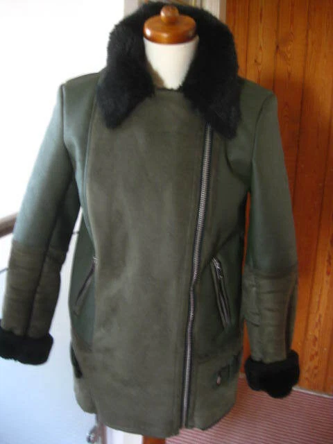 M&S FAUX SHEEPSKIN JACKET women SUEDE 14 fur collar COLLECTION green AVIATOR - Image 4 of 4